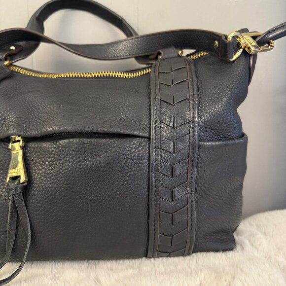 Aimee Kestenberg Black Pebbled Leather Satchel Tote Bag With Gold Hardware - Picture 3 of 13